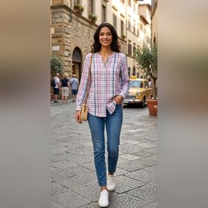 Talbots Cotton&Lyocel pastel check button up high low sleeve blouse,size 2X, EUC